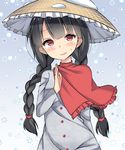  amashi_(qcmrq906) bad_id bad_pixiv_id black_hair braid hat looking_at_viewer praying red_eyes snow snowflakes solo touhou twin_braids yatadera_narumi 