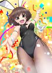  akiyama_yukari animal_ears arm_up ass_visible_through_thighs bare_shoulders bird black_leotard blush breasts brown_eyes brown_hair bunny_ears bunny_girl bunnysuit commentary_request confetti covered_navel detached_collar excel_(shena) eyebrows_visible_through_hair fake_animal_ears fishnet_pantyhose fishnets from_below girls_und_panzer highres legs_together leotard looking_at_viewer medium_breasts messy_hair open_mouth pantyhose short_hair solo standing strapless strapless_leotard wrist_cuffs 