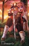  against_tree arm_at_side armor artist_name astolfo_(fate) bangs black_bow black_legwear black_panties boots bow braid bulge commentary dirty_face eyebrows_visible_through_hair fang fate/apocrypha fate/grand_order fate_(series) freeze-ex full_body fur_trim gauntlets grass hair_between_eyes hair_bow hair_intakes hair_over_shoulder knees_up long_braid long_hair looking_at_viewer male_focus on_ground open_mouth otoko_no_ko outdoors panties pantyshot pantyshot_(sitting) pink_hair planted_sword planted_weapon purple_eyes single_braid sitting smile solo sunset sweat sword thighhighs tree underwear upskirt v_over_eye weapon white_footwear 