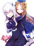  abigail_williams_(fate/grand_order) bangs black_bow black_dress black_hat blonde_hair blue_eyes bow commentary_request dress fate/grand_order fate_(series) hair_between_eyes hair_bow hat horn hug hug_from_behind lavinia_whateley_(fate/grand_order) long_hair long_sleeves looking_at_viewer multiple_girls orange_bow polka_dot silly_(marinkomoe) sleeves_past_wrists stuffed_animal stuffed_toy teddy_bear white_hair 