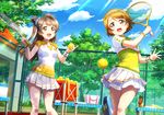  :o artist_request bag ball bangs bench blue_sky blunt_bangs bracelet breasts brown_eyes brown_hair chain-link_fence cloud day fence green_hairband hairband holding jewelry koizumi_hanayo long_hair looking_at_another looking_at_viewer love_live! love_live!_school_idol_festival love_live!_school_idol_project medium_breasts minami_kotori multiple_girls official_art one_side_up open_mouth outdoors pleated_skirt purple_eyes purple_scrunchie racket scrunchie short_hair skirt sky smile sportswear sunlight sweat tennis tennis_ball tennis_court tennis_racket tennis_uniform towel tree wristband 
