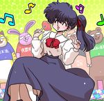  ^_^ beamed_eighth_notes black_hair black_skirt blush bow cameo closed_eyes creator_connection eighth_note extra hair_ribbon index_finger_raised kunou_kodachi kyoukai_no_rinne leg_up long_hair long_skirt musical_note open_mouth ranma_1/2 red_bow ribbon shirt side_ponytail skirt triangle_mouth wanta_(futoshi) white_legwear white_shirt 