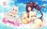  2girls animal_ears aqua_eyes ass ball bell bikini black_hair bow braids brown_eyes catgirl chocola_(sayori) clouds flat_chest ice_cream long_hair nekopara ponytail popsicle sayori skirt sky swim_ring swimsuit tail twintails vanilla_(sayori) water watermark white_hair 