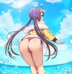  ahoge arms_at_sides ass azur_lane bad_id bad_pixiv_id bangs bare_shoulders bikini bikini_bottom blue_sky blunt_bangs brown_hair cameltoe cloud cloudy_sky commentary day diffraction_spikes droplet feet_out_of_frame fisheye from_behind fur-trimmed_jacket fur_trim glowing_petals guundesu hair_ornament hairpods hat highres jacket kneepits leaning_forward legs_together long_hair long_sleeves looking_at_viewer looking_back ocean outdoors outstretched_hand parted_lips petals ping_hai_(azur_lane) profile red_eyes ribbon-trimmed_bikini side-tie_bikini sidelocks signature sky solo standing swimsuit teeth thong_bikini tsurime twintails very_long_hair visor_cap water wedgie yellow_hat yellow_jacket 