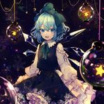  bangs blue_eyes blue_hair blue_skirt bow cirno commentary crescent daimaou_ruaeru glass green_bow hair_bow highres ice ice_wings long_sleeves looking_at_viewer open_mouth skirt skirt_set smile snowflakes solo star touhou vest wings 