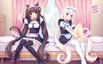  2girls animal_ears apron aqua_eyes bed bell blush bow brown_eyes brown_hair cat_smile catgirl chocola_(sayori) headdress long_hair maid nekopara ribbons sayori tail thighhighs twintails vanilla_(sayori) watermark white_hair wristwear 