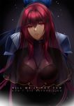  1girl back-to-back bangs blue_bodysuit blue_hair bodysuit breasts commentary eyebrows_visible_through_hair fate/grand_order fate/stay_night fate_(series) hair_intakes lancer large_breasts long_hair looking_to_the_side mallizmora parted_lips ponytail purple_bodysuit purple_hair red_eyes scathach_(fate)_(all) scathach_(fate/grand_order) veil 