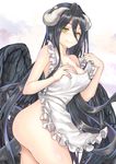  albedo apron apron_pull black_hair black_wings blush breasts clara_v cleavage demon_girl demon_horns frilled_apron frills horns large_breasts long_hair looking_at_viewer low_wings naked_apron overlord_(maruyama) simple_background smile solo very_long_hair wings yellow_eyes 