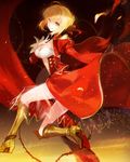  ahoge armored_boots blonde_hair boots breasts cleavage eyebrows eyebrows_visible_through_hair fate/extra fate_(series) green_eyes hair_ribbon hand_over_heart highres large_breasts moemoe3345 nero_claudius_(fate) nero_claudius_(fate)_(all) red_ribbon revision ribbon short_hair smile solo white_legwear 