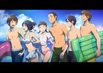  4boys :d ^_^ bikini bikini_bottom black_hair blush braid brown_hair closed_eyes cloud commentary_request day fujii_tsukasa glasses grin highres inflatable_raft innertube kalua kimi_no_na_wa male_swimwear miyamizu_mitsuha mole mole_under_eye multiple_boys multiple_girls natori_sayaka ocean open_mouth sarong shirt shirtless sky smile swim_trunks swimsuit swimwear t-shirt tachibana_taki takagi_shinta teshigawara_katsuhiko tied_shirt twin_braids water 