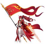  armor artist_request black_skirt boots braid cape coat elesis_(elsword) elsword empire_sword_(elsword) flag full_body holding holding_sword holding_weapon knee_boots long_hair looking_at_viewer metal_boots official_art ponytail red red_cape red_coat red_eyes red_hair serious simple_background skirt solo standing sword thigh_strap thighhighs uniform weapon white_background white_legwear 