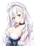  azur_lane bangs belfast_(azur_lane) blush braid breasts cleavage closed_mouth commentary_request eyebrows_visible_through_hair frills hair_between_eyes highres large_breasts long_hair looking_at_viewer maid maid_headdress purple_eyes silver_hair simple_background smile solo tsurime umibouzu_(niito) upper_body white_background white_hair 