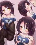  azur_lane bare_shoulders black_hair black_legwear blush breast_grab breasts cassin_(azur_lane) cleavage clothes_writing commentary_request feet grabbing grabbing_from_behind groping hair_ornament hairclip hetero heterochromia long_hair looking_at_viewer mole mole_under_eye no_shoes off-shoulder_shirt off_shoulder open_mouth pantyhose saliva saliva_trail shirt small_breasts soles tongue tongue_out tori_(eherotori) yellow_eyes 