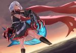  1girl absurdres admiral_graf_spee_(azur_lane) azur_lane blue_eyes breasts cloud cloudy_sky commentary_request eyebrows_visible_through_hair highres iron_cross mechanical_arms multicolored_hair ocean red_scarf samc scarf shark_tail short_hair sky small_breasts solo standing streaked_hair tail underboob white_hair 