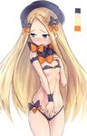  abigail_williams_(fate/grand_order) absurdres bad_id bad_pixiv_id bangs black_bow black_bra black_hat black_panties blonde_hair blue_eyes blush bow bra breasts closed_mouth color_guide commentary_request fate/grand_order fate_(series) hair_bow hand_on_own_chest hand_up hat highres long_hair looking_away looking_to_the_side navel nose_blush orange_bow panties panty_pull parted_bangs polka_dot polka_dot_bow polka_dot_panties pulled_by_self sawawse simple_background skindentation small_breasts solo strapless strapless_bra underwear underwear_only very_long_hair white_background wrist_cuffs 