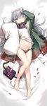  arm_up bad_id bad_pixiv_id bag bandana bangs bare_legs barefoot bed_sheet black_panties blush brown_eyes coat eyebrows_visible_through_hair g11_(girls_frontline) girls_frontline grey_hair hair_between_eyes hand_up highres holding holding_pillow long_hair looking_at_viewer lowleg lowleg_panties lying marmoset_(marmoset0) navel on_back one_eye_closed open_clothes open_coat panties parted_lips pillow satchel shell_casing sidelocks sleeves_past_wrists solo tank_top tareme thighs underwear 