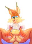  &lt;3 &lt;3_eyes anthro anus balls blue_eyes bottomless bubsy bubsy_(series) bulge clothed clothing erection erection_under_clothes feline gerkk hi_res looking_at_viewer lynx male mammal orange_balls penis pillow simple_background solo spread_legs spreading tongue tongue_out video_games white_background 