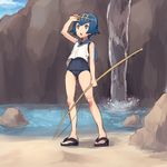  1girl arm_up bare_legs barefoot_sandals blue_eyes blue_hair blue_sailor_collar cloud covered_navel fishing_line fishing_rod full_body guwatefu hairband holding looking_up one-piece_swimsuit open_mouth outdoors pokemon pokemon_(game) pokemon_sm pond rock sailor_collar sandals shirt short_hair sky sleeveless solo standing suiren_(pokemon) swimsuit swimsuit_under_clothes trial_captain water white_shirt 
