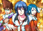  blue_eyes blue_hair bracelet brown_hair glasses guitar hayate_immelmann instrument jewelry koolannad macross macross_7 macross_delta macross_frontier multiple_boys necktie nekki_basara reaching_out santa_costume saotome_alto spiked_hair yellow_eyes 