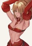  armpits arms_up bandeau bangs blonde_hair breasts detached_sleeves emoto_reishi eyebrows_visible_through_hair fate/apocrypha fate_(series) grey_background highres long_hair looking_at_viewer mordred_(fate) mordred_(fate)_(all) navel parted_bangs parted_lips red_skirt simple_background skirt small_breasts solo 