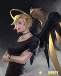  alternate_wing_color backlighting black_choker black_shirt black_wings blonde_hair blue_eyes breasts casual character_name choker chromatic_aberration collarbone copyright_name crossed_arms dark_background dark_persona earrings eyeliner eyeshadow from_side glowing glowing_wings grey_background hair_tie high_ponytail highres jewelry lipstick logo looking_at_viewer makeup md5_mismatch mechanical_halo medium_breasts mercy_(overwatch) necklace nose overwatch parted_lips pink_lips pink_lipstick realistic ring shirt short_hair short_sleeves smile smirk solo stud_earrings t-shirt upper_body watch wings yellow_wings yi_sui 