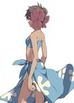  1girl back bandeau bare_shoulders blue_eyes brown_hair dark_skin elite_four floral_print flower fuyou_(pokemon) guwatefu hair_flower hair_ornament holding_poke_ball looking_at_viewer looking_back midriff poke_ball poke_ball_print pokemon pokemon_(game) pokemon_rse sarong short_hair simple_background smile solo strapless white_background 
