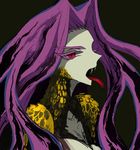  fangs fate/grand_order fate_(series) female forked_tongue gold_scales gorgon gorgon_(fate) hair humanoid j89092378 long_hair long_tongue open_mouth purple_hair red_eyes rider_(fate/stay_night) scales slit_pupils solo tongue tongue_out 