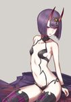  bare_shoulders breasts collarbone emoto_reishi eyebrows_visible_through_hair eyes_visible_through_hair fate/grand_order fate_(series) grey_background highres horns jewelry light_smile looking_at_viewer navel oni oni_horns parted_lips petite purple_eyes purple_hair short_hair shuten_douji_(fate/grand_order) simple_background small_breasts solo 
