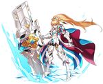 aqua_eyes armor artist_request blonde_hair boots brooch brown_hair cannon chung_seiker clenched_hand comet_crusader_(elsword) elsword full_body jewelry long_hair looking_at_viewer male_focus metal_boots metal_gloves multicolored_hair official_art ponytail solo standing thigh_boots thighhighs two-tone_hair very_long_hair white_background 