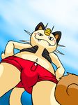  2017 anthro bulge clothed clothing fangs feline looking_at_viewer looking_down lopearedquentin low-angle_view male mammal meowth navel nintendo pok&eacute;mon pok&eacute;mon_(species) simple_background sky smile solo vest video_games whiskers worm&#039;s-eye_view 
