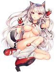 :&lt; animal_ears azur_lane belt black_skirt blue_nails breasts claw_pose cleavage crop_top crop_top_overhang fake_animal_ears fingerless_gloves fingernails full_body gloves high_heels highres large_breasts long_fingernails long_hair looking_at_viewer midriff miniskirt nail_polish navel ntk_(7t5) orange_nails paw_print pink_nails pleated_skirt red_belt red_eyes red_footwear red_gloves sailor_collar shiny shiny_skin shoes simple_background skirt solo tail tattoo underboob very_long_hair white_background white_hair yellow_nails yuudachi_(azur_lane) 