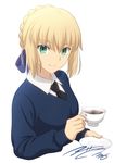  artoria_pendragon_(all) blonde_hair blue_ribbon blue_sweater braid cosplay cup darjeeling darjeeling_(cosplay) dress_shirt eyebrows_visible_through_hair fate/stay_night fate_(series) french_braid fumika_asano girls_und_panzer green_eyes hair_ribbon highres long_sleeves looking_at_viewer necktie official_style ribbon saber saucer school_uniform shirt short_hair signature simple_background smile solo st._gloriana's_school_uniform steam sweater tea teacup upper_body v-neck white_background wing_collar 