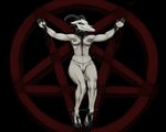  anthro areola baphomet black_blood blood breasts caprine collar crucifixion demon female gore hladilnik hooves humanoid inverted_pentagram looking_at_viewer lucy_(hladilnik) mammal mature_female nipples nude pentagram simple_background smile stitches thick_thighs wide_hips 