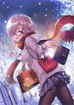  :d alternate_costume ass backlighting bag black-framed_eyewear blush breasts coat cowboy_shot duffel_coat fate/grand_order fate_(series) fringe_trim from_side glasses hair_over_one_eye handbag hood hood_down hooded_coat long_sleeves looking_at_viewer looking_to_the_side mash_kyrielight medium_breasts miniskirt open_mouth ouka_(ra-raradan) outdoors pantyhose pink_hair plaid plaid_scarf plaid_skirt purple_eyes purple_skirt red_scarf road scarf shiny shiny_hair shopping_bag short_hair shoulder_bag skirt smile solo street thighband_pantyhose tree walking white_coat winter winter_clothes winter_coat 