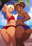  adjusting_clothes ass ass-to-ass bangs bikini blonde_hair breast_press breasts bright_pupils brown_hair contrast dark_skin day earrings eyewear_on_head highres jewelry koda_diana large_breasts mature mole mole_under_eye multiple_girls nasu_trisha oh_yes!_kasshoku_bitch_hitozuma_no_seiyoku_kaishou oohara_kyuutarou outdoors puckered_lips red_eyes ring short_hair short_ponytail sports_bra sunglasses swimsuit symmetrical_docking take_your_pick tan thong_bikini toned very_dark_skin volleyball wide_hips 