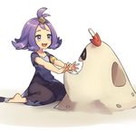  1girl :3 acerola_(pokemon) antenna_hair armlet barefoot blue_eyes blush clover_hair_ornament collarbone dress elite_four eye_contact flipped_hair four-leaf_clover_hair_ornament full_body guwatefu hair_ornament open_mouth outstretched_arms pokemon pokemon_(game) pokemon_sm purple_hair sand sandygast short_hair short_sleeves shovel simple_background sitting stitches topknot trial_captain wariza white_background worktool 