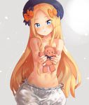  abigail_williams_(fate/grand_order) bangs black_bow black_hat blonde_hair bloomers blue_eyes blush bow closed_mouth collarbone commentary convenient_arm fate/grand_order fate_(series) garun_wattanawessako grey_background hair_bow hat head_tilt holding holding_stuffed_animal long_hair looking_at_viewer orange_bow outstretched_arms parted_bangs solo stuffed_animal stuffed_toy teddy_bear topless underwear underwear_only very_long_hair white_bloomers 
