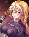  :d animal bangs blonde_hair blue_eyes blush braid breasts bug butterfly_on_hand capelet chain corset eyebrows_visible_through_hair fate/apocrypha fate_(series) gauntlets hair_between_eyes hand_up headpiece insect jeanne_d'arc_(fate) jeanne_d'arc_(fate)_(all) large_breasts light_particles long_hair looking_at_viewer open_mouth purple_eyes single_braid smile solo tsuru_ringo underbust upper_body 