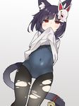  animal_ear_fluff animal_ears arms_behind_back azur_lane bangs bell black_hair black_legwear blue_swimsuit blush cameltoe cat_ears cat_girl cat_tail covered_navel dutch_angle eyebrows_visible_through_hair fox_mask gradient gradient_background grey_background jingle_bell lifted_by_self looking_at_viewer mask mask_on_head mouth_hold one-piece_swimsuit pantyhose pantyhose_under_swimsuit red_eyes red_ribbon ribbon school_swimsuit school_uniform serafuku shirt_in_mouth shirt_lift short_sleeves skindentation solo swimsuit tail tail_bell tail_ribbon torn_clothes torn_legwear tsuka white_background yamashiro_(azur_lane) 