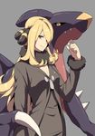  1girl blonde_hair breasts claws cleavage closed_mouth fangs fur_collar fur_trim garchomp grey_background guwatefu hair_ornament hair_over_one_eye long_hair long_sleeves looking_at_viewer pokemon pokemon_(game) pokemon_dppt shirona_(pokemon) simple_background smile spikes upper_body yellow_eyes 
