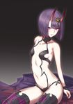  bare_shoulders black_background breasts collarbone emoto_reishi eyebrows_visible_through_hair eyes_visible_through_hair fate/grand_order fate_(series) highres horns jewelry light_smile looking_at_viewer navel oni oni_horns parted_lips petite purple_eyes purple_hair short_hair shuten_douji_(fate/grand_order) small_breasts solo 