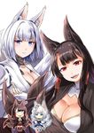  :d akagi_(azur_lane) animal_ears azur_lane black_hair blue_eyes breasts chibi cleavage commentary_request eyeliner fangs fox_ears fox_mask fox_tail hair_tubes japanese_clothes kaga_(azur_lane) kitsune large_breasts long_hair makeup mask mask_on_head multiple_girls multiple_tails open_mouth pleated_skirt red_eyes short_hair simple_background skirt smile steed_(steed_enterprise) tail thighhighs white_background white_hair wide_sleeves zettai_ryouiki 