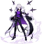  add_(elsword) artist_request belt black_coat black_footwear black_pants buckle doom_bringer_(elsword) elsword full_body fur_trim hair_over_one_eye jacket_on_shoulders jewelry male_focus necklace official_art pants purple_eyes purple_shirt shirt shoes simple_background smile solo standing white_background white_hair 