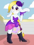  anthro blonde_hair boots bunnykisses clothing diaper dress female footwear hair harriet_(mario) lagomorph looking_at_viewer mammal rabbit smile solo 