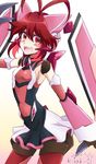  antenna_hair artist_name bare_shoulders blush_stickers bodysuit claw_(weapon) cosplay dated detached_sleeves doll_joints highres kiraki long_hair micha_jawkan open_mouth red_eyes red_hair senki_zesshou_symphogear sharp_teeth shorts skirt smile solo teeth tsukuyomi_shirabe tsukuyomi_shirabe_(cosplay) twintails weapon white_background 