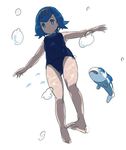  1girl air_bubble bare_legs barefoot blue_eyes blue_hair bubble covered_navel fish full_body guwatefu hairband looking_down one-piece_swimsuit open_mouth pokemon pokemon_(creature) pokemon_(game) pokemon_sm shirt short_hair simple_background sleeveless spread_arms suiren_(pokemon) swimsuit trial_captain underwater water white_background wishiwashi 