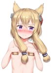  absurdres animal_ears azur_lane bandaid bandaids_on_nipples bangs blonde_hair blush breasts closed_mouth collarbone eyebrows_visible_through_hair hair_between_eyes hands_on_own_chest head_tilt headgear highres long_hair looking_to_the_side nedia_(nedia_region) nose_blush nude pasties purple_eyes simple_background small_breasts solo sweat upper_body warspite_(azur_lane) wavy_mouth white_background 