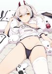  :o ayanami_(azur_lane) azur_lane bangs bare_shoulders bed_sheet black_panties blonde_hair blush blush_stickers bottle breast_slip breasts clothes_writing commentary_request controller cowboy_shot dakimakura_(object) dualshock eyebrows_visible_through_hair game_controller gamepad gochou_(atemonai_heya) groin hair_between_eyes hair_ornament half-closed_eyes hand_up headgear headphones highres long_hair looking_at_viewer lying md5_mismatch navel niconico nipples no_pants off-shoulder_shirt on_back one_breast_out orange_eyes panties parted_lips pillow platinum_blonde_hair playstation_controller ponytail see-through shiny shiny_hair shirt short_sleeves side_ponytail silver_hair simple_background single_thighhigh small_breasts solo stomach stuffed_toy tablet terebi-chan thighhighs thighs underwear white_background white_legwear white_shirt 