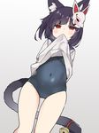  animal_ear_fluff animal_ears arms_behind_back azur_lane bangs bell black_hair blue_swimsuit blush cameltoe cat_ears cat_girl cat_tail commentary_request covered_navel dutch_angle eyebrows_visible_through_hair fox_mask gradient gradient_background grey_background jingle_bell lifted_by_self looking_at_viewer mask mask_on_head mouth_hold one-piece_swimsuit red_eyes red_ribbon ribbon school_swimsuit school_uniform serafuku shirt_in_mouth shirt_lift short_sleeves solo swimsuit tail tail_bell tail_ribbon tsuka white_background yamashiro_(azur_lane) 