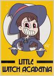  1girl bangs brown_hair crossover cuphead_(game) hat highres kagari_atsuko little_witch_academia long_hair maltierrez parody robe school_uniform smile solo style_parody upper_body witch_hat yellow_background 